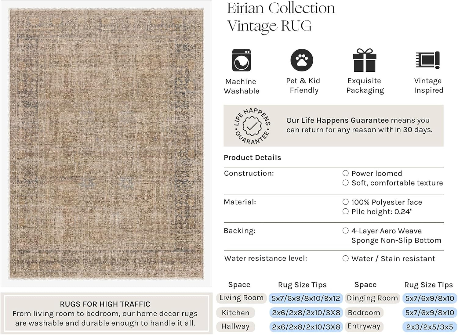 Brown 8×10 Washable Vintage Area Rug – Soft, Durable, Non-Slip, Stain Resistant