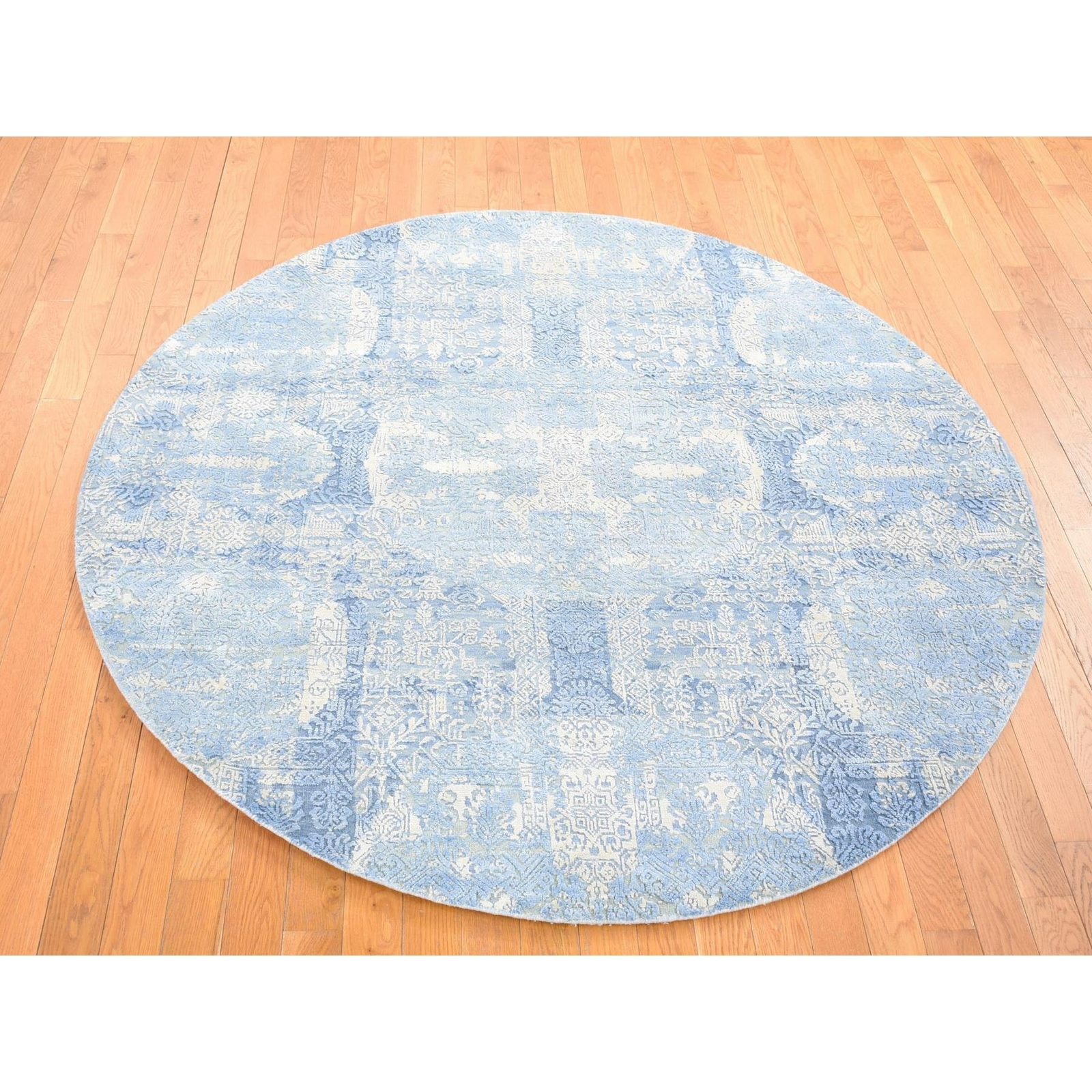 6′ x 6′ Blue Hand Knotted Wool and Pure Silk Jewellery Design Round Rug R80143