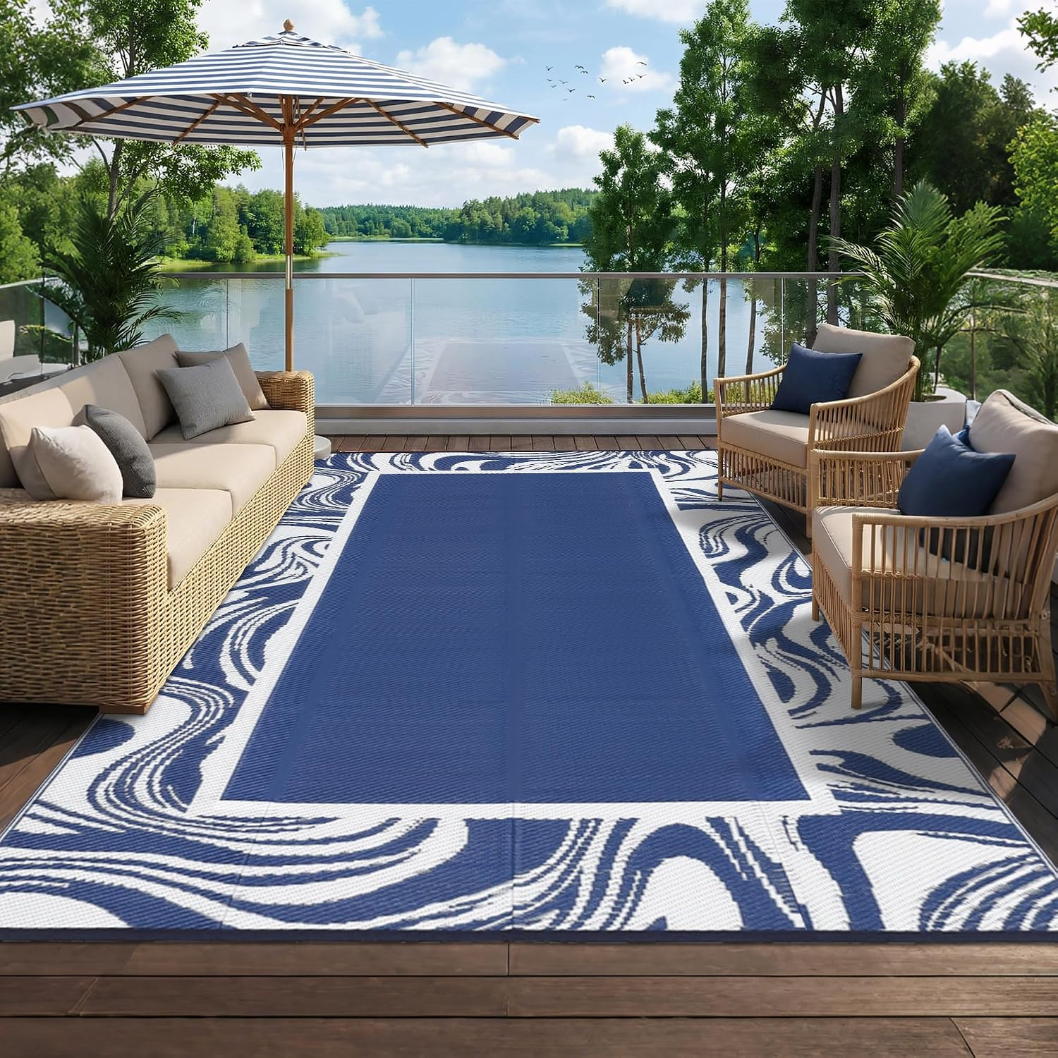 Outdoor Rug 5X8 Modern Bordered Camping Rug Foldable Plastic Straw Rugs Waterpro