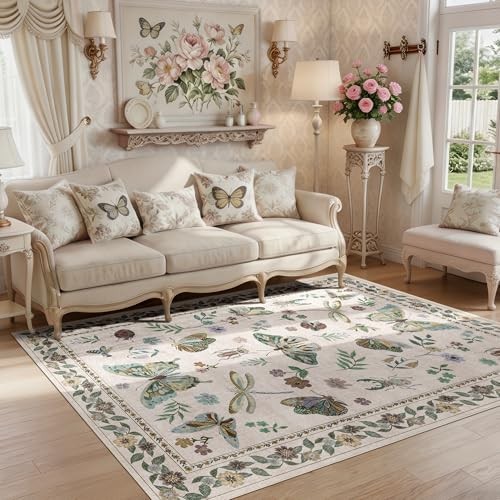 Beige Insect Area Rug 4×6 for Living Room Bedroom, Non Slip Butterfly Bedroom