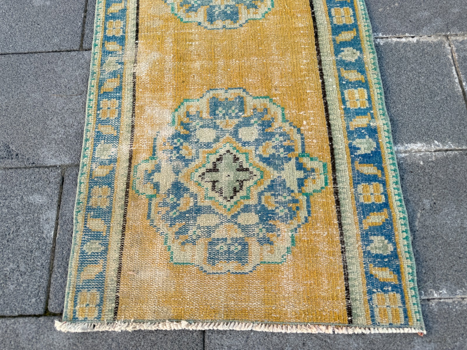 Small Vintage Turkish Oushak Rug 2.2×4.2 ft Yellow Door Mat Kitchen Rug