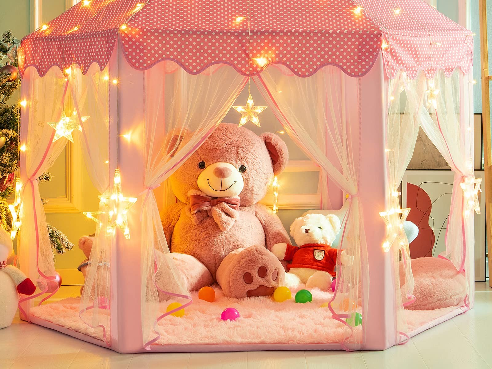 KIXINWA Pink Hexagon Princess Rug, 4.6X4 Ft Castle Play Tent Carpet, Cute Fluffy