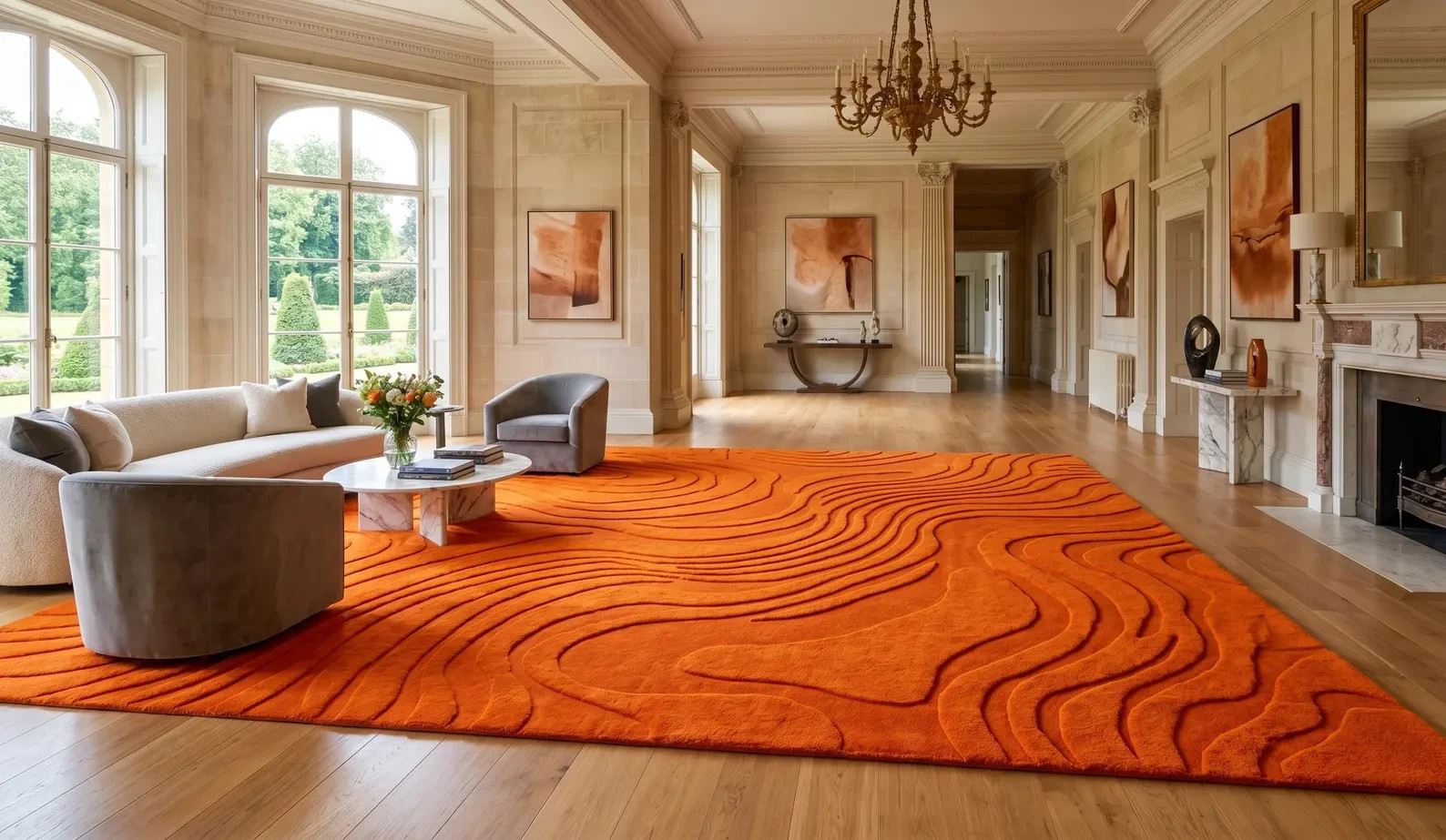 Hand Tufted Wool Area Rug Giant Luxury Modern Topographical Bright Orange Carpet