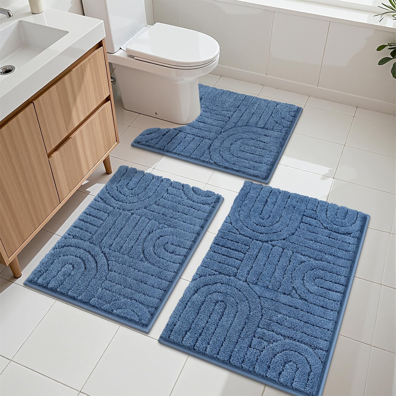 Vaukki Blue Bathroom Rugs Sets 3 Piece, 18”x26”+20”x32”+20”x24”,