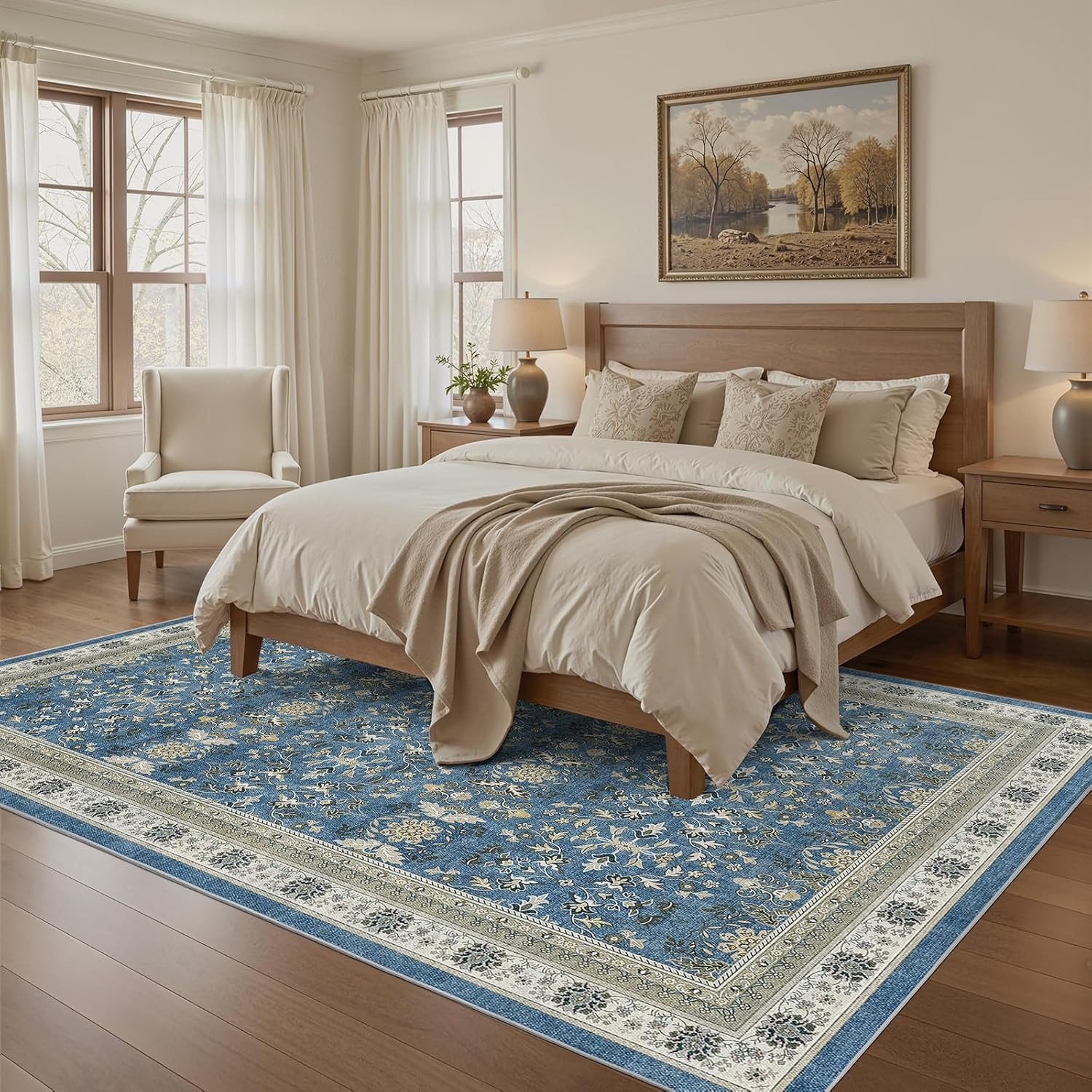 Blue 10×12 Vintage Washable Rug – Soft Boho Distressed for Any Room