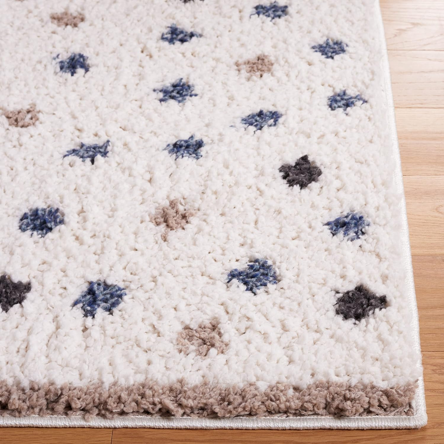 Calico Shag Area Rug 6’7″ Square, Ivory & Taupe Polka Dot, Non-Shedding