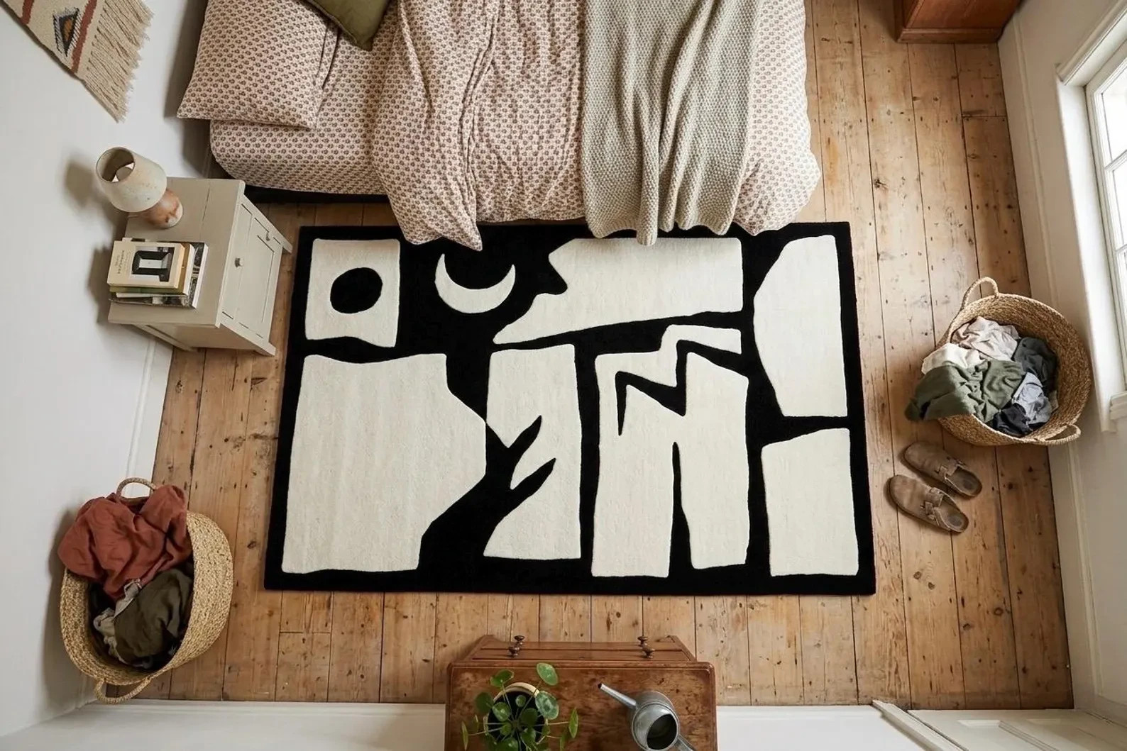 Modern Abstract Wool Rug Black White Matisse Geometric Hand Tufted Bedroom Carpe