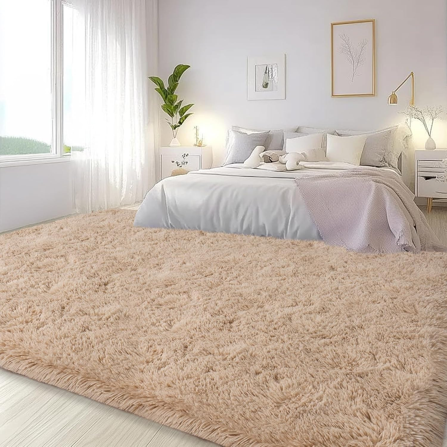 Large Area Rugs for Living Room Bedroom, 4×6 Feet Beige Fluffy Shag Rugs, Ultra