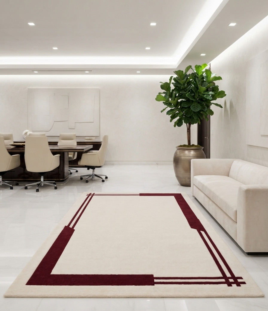 Hand Tufted Wool Area Rug Modern Border Design Ivory Burgundy Custom Size