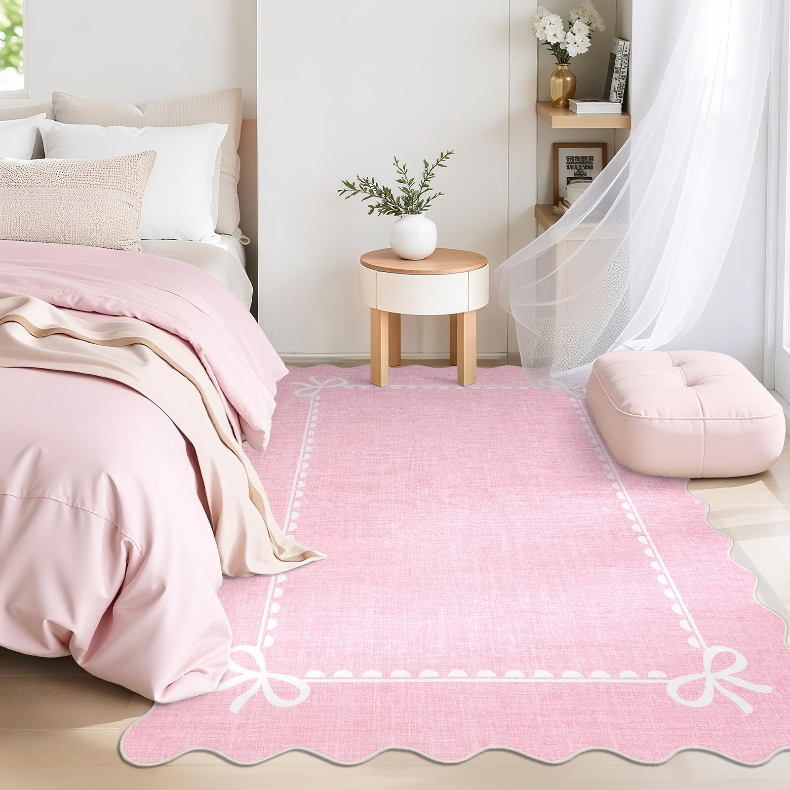 Scalloped Bow Rug for Living Room, Solid Pink Rug for Dorm, Washable Rugs 5×7…