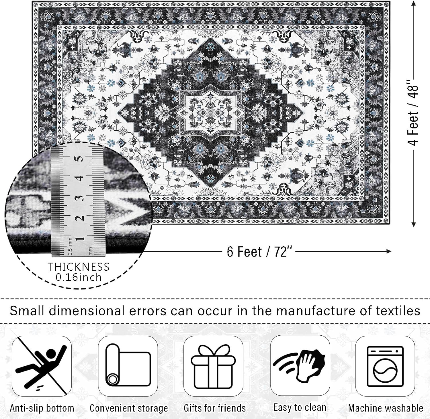 Soft & Durable Vintage Floral Rug 4×6 – Low Pile, Machine Washable Home Decor