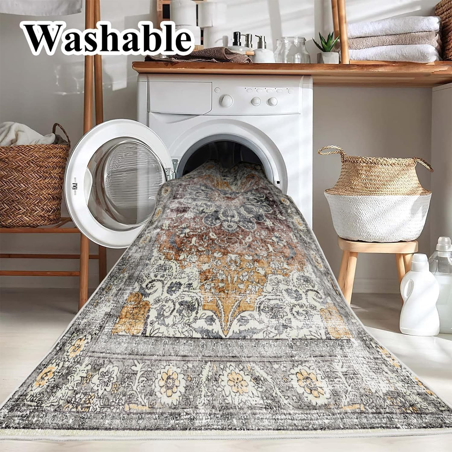 Soft and Durable 8′ x 10′ Non-Slip Area Rug – Boho Floral Style for Living Rooms