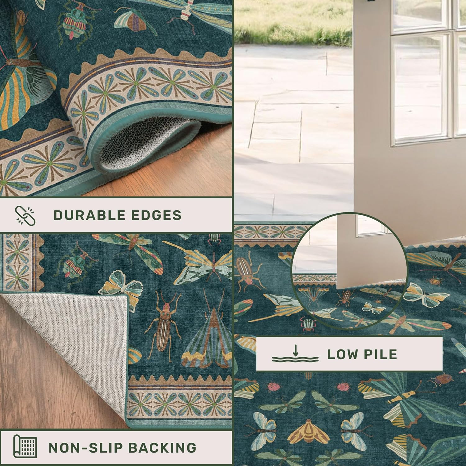 Vintage Blue & Green Area Rug 6×9 – Washable Non-Skid for Living Room