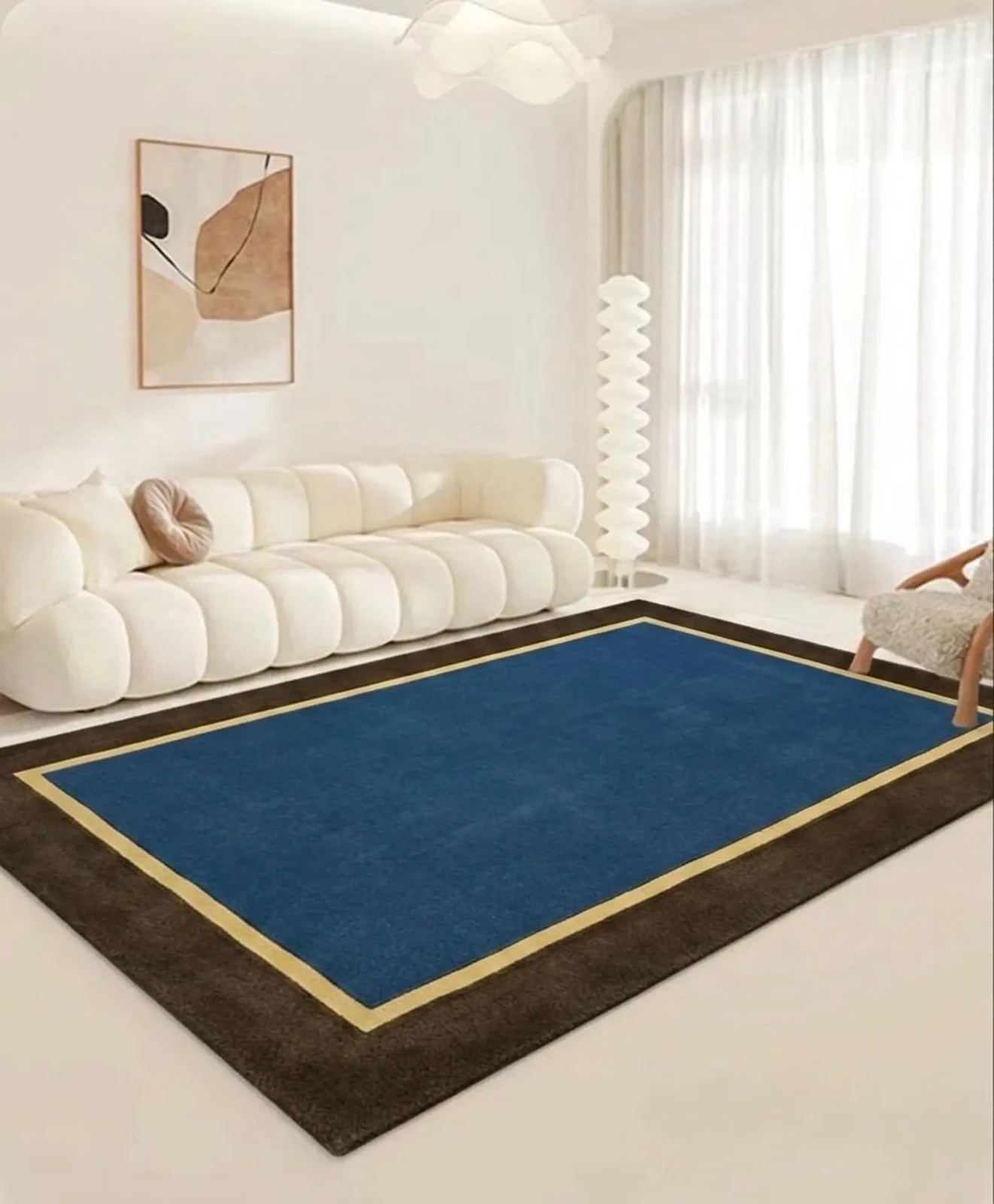 Navy Blue Hand Tufted Wool Rug | Plush Modern Area Rug with Brown modern carpet