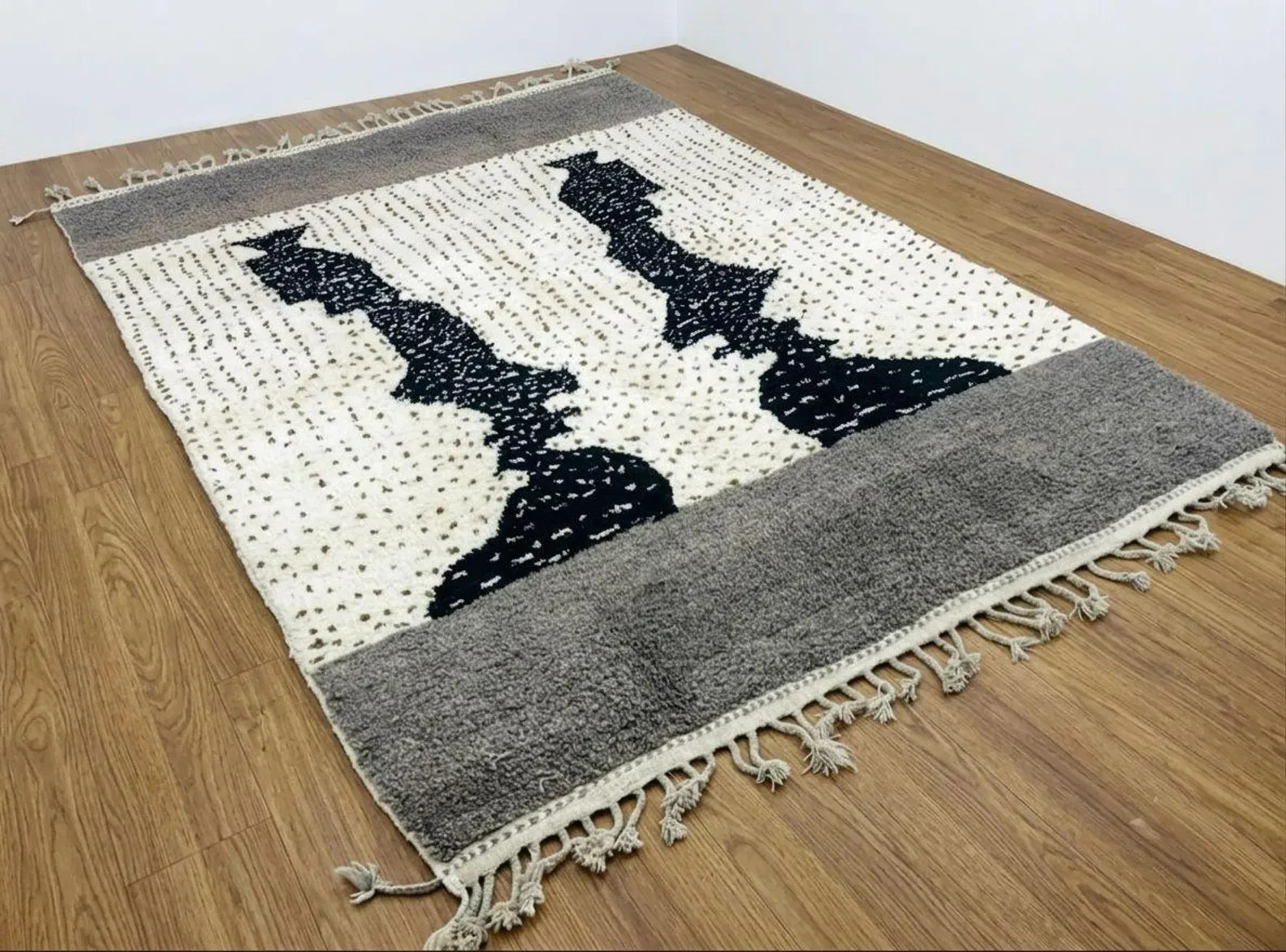 Handmade Beni Ouraina Rug Moroccan Berber Wool Carpet Black Ivory Tribal Design