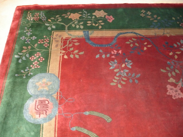 Antique Art Deco Chinese Oriental Rug 8’9″ X 11’4″ #6685 Red and Green