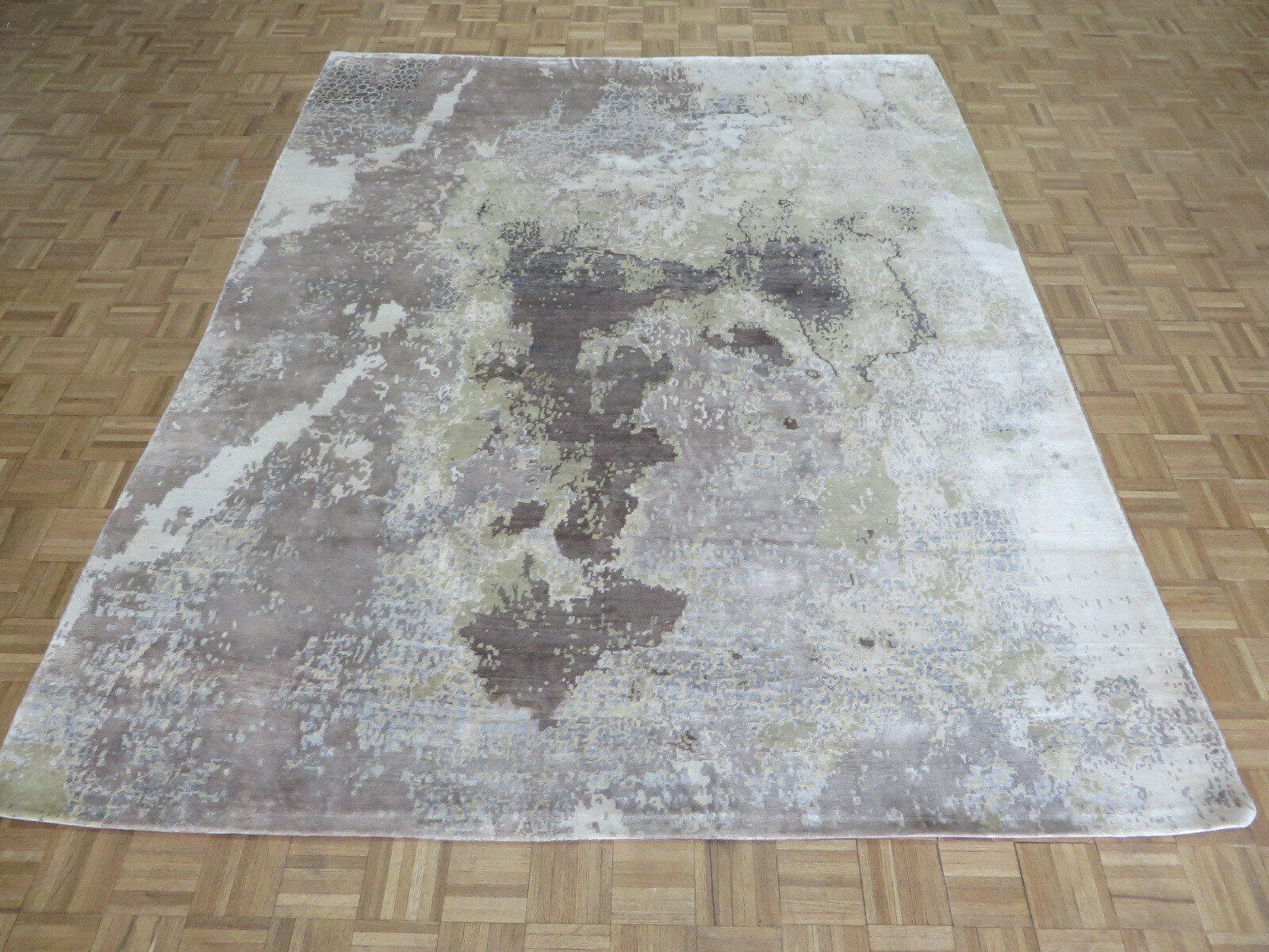 8’1 x 10 Hand Knotted Modern Abstract Gray Oriental Rug With Silk G9228