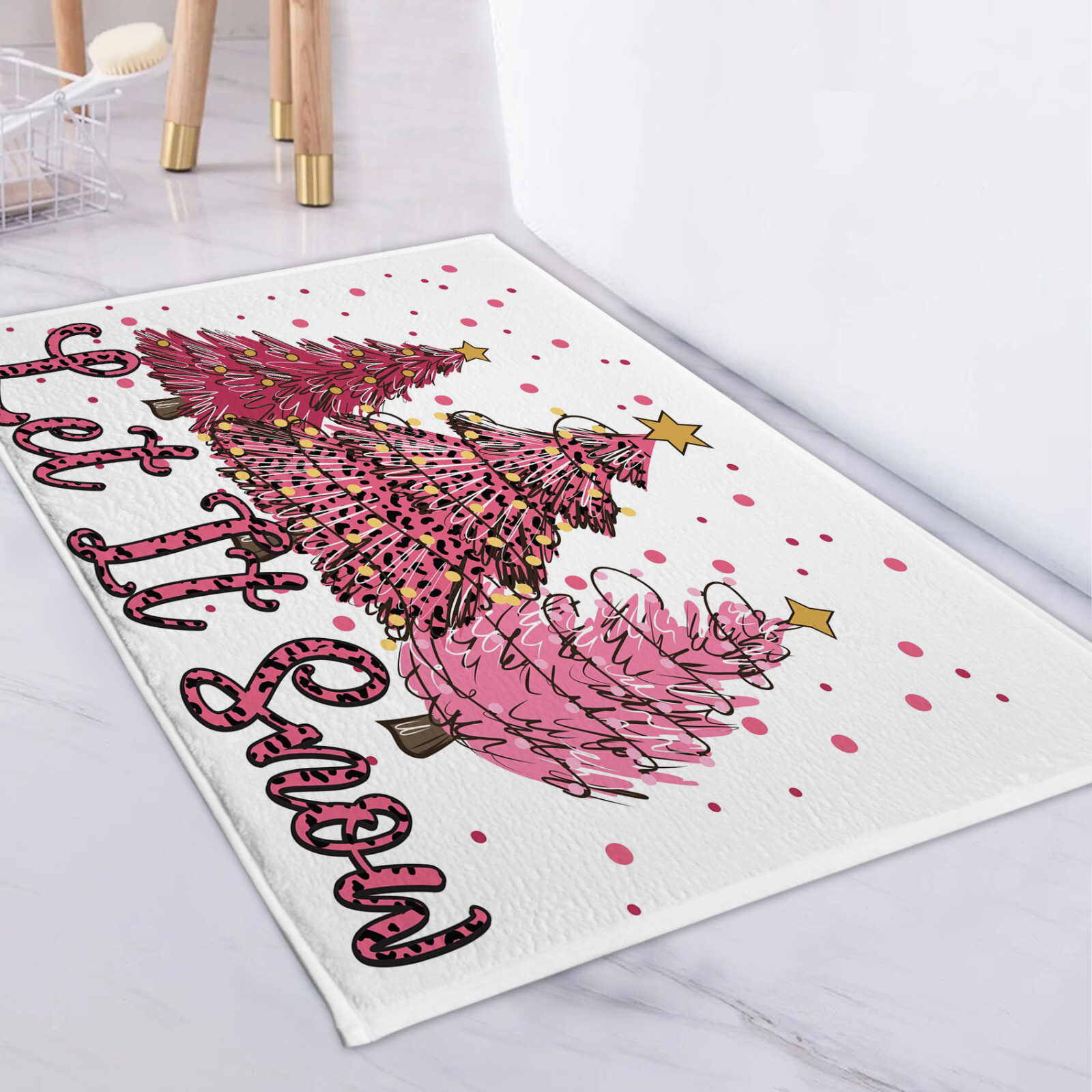 Winter Pink Snowy Pine Christmas Bath Mat for Bathroom Mat Bath Rug Doormat