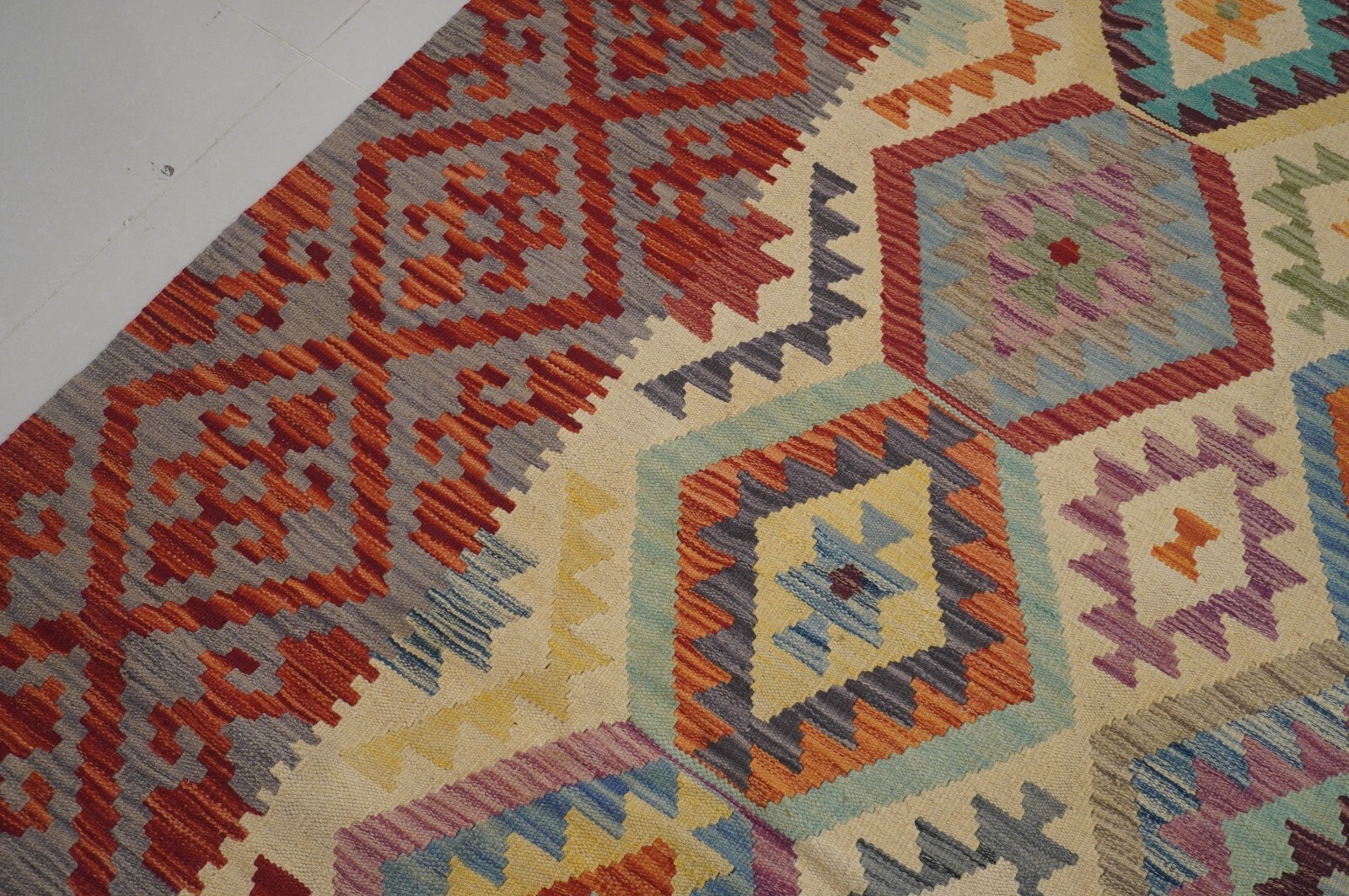 11×13 ft Afghan Kilim Beige Red Handmade Veg dyes Wool Area Rug 10’7″x12’9″
