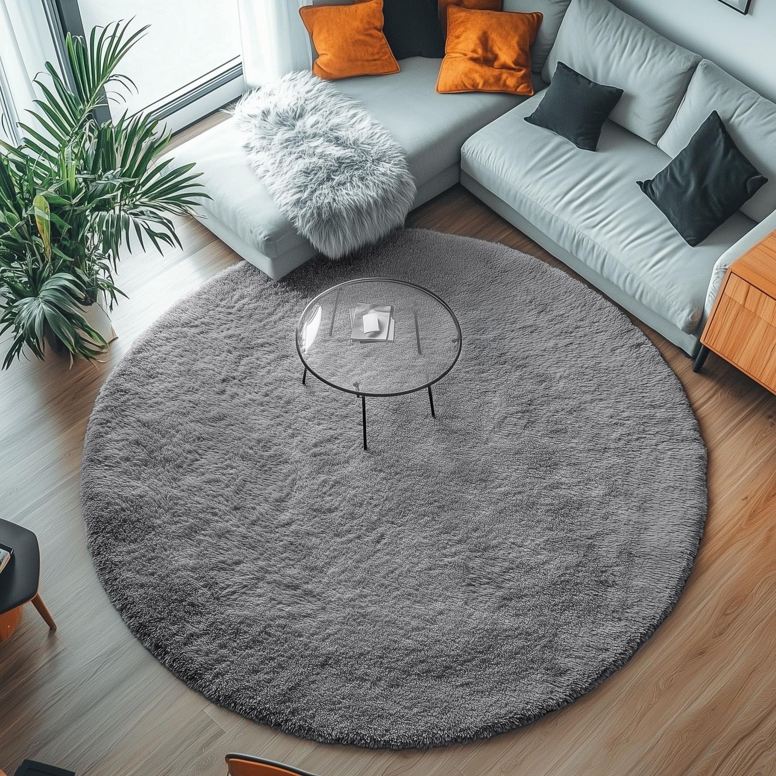 PAGISOFE Round Rug 4Ft, Grey Circle Rugs for Kids Bedroom, Fluffy Carpets for…