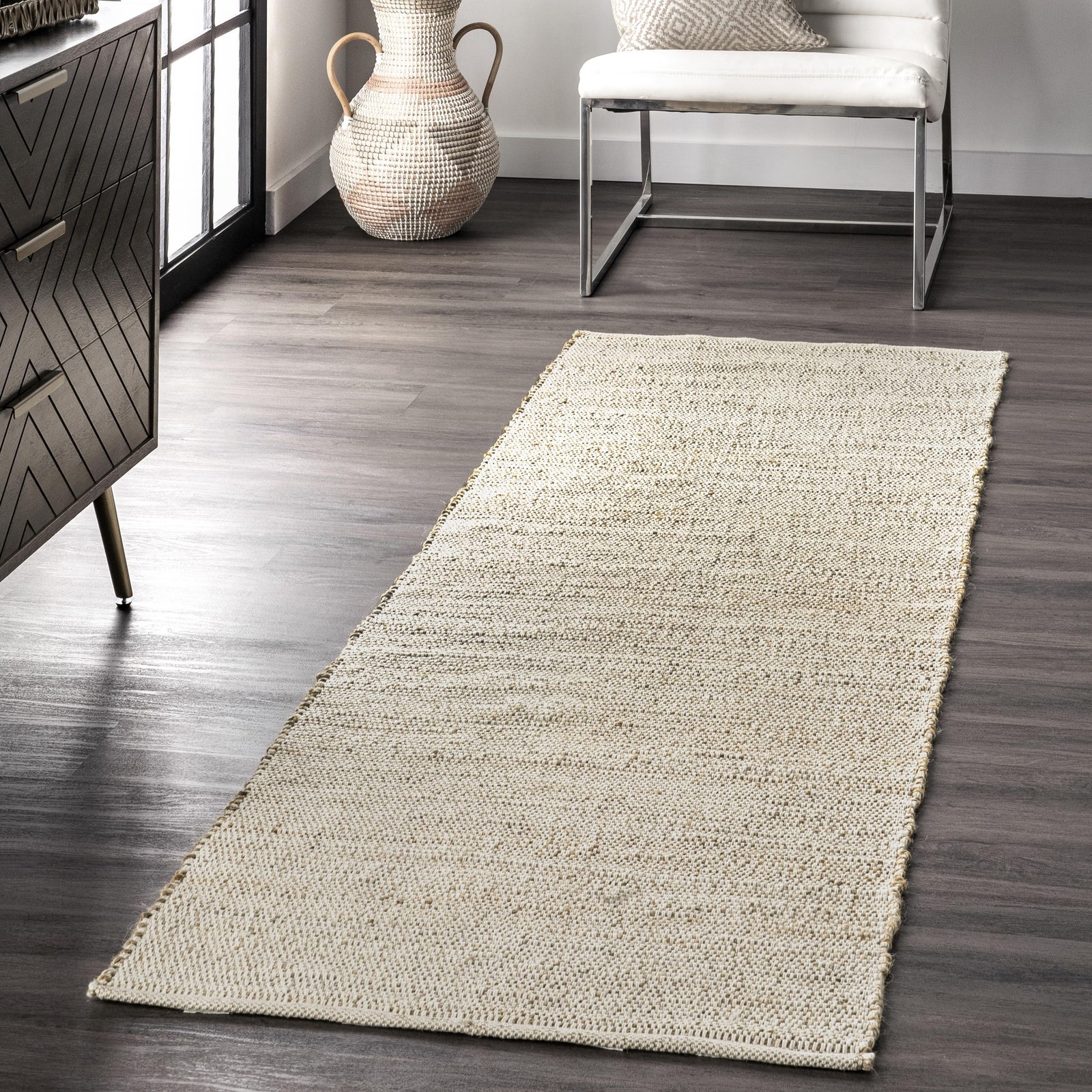 nuLOOM 2’6″ x 6′ Elfriede Jute & Cotton Hand Woven Area Rug, Natural, Solid R…