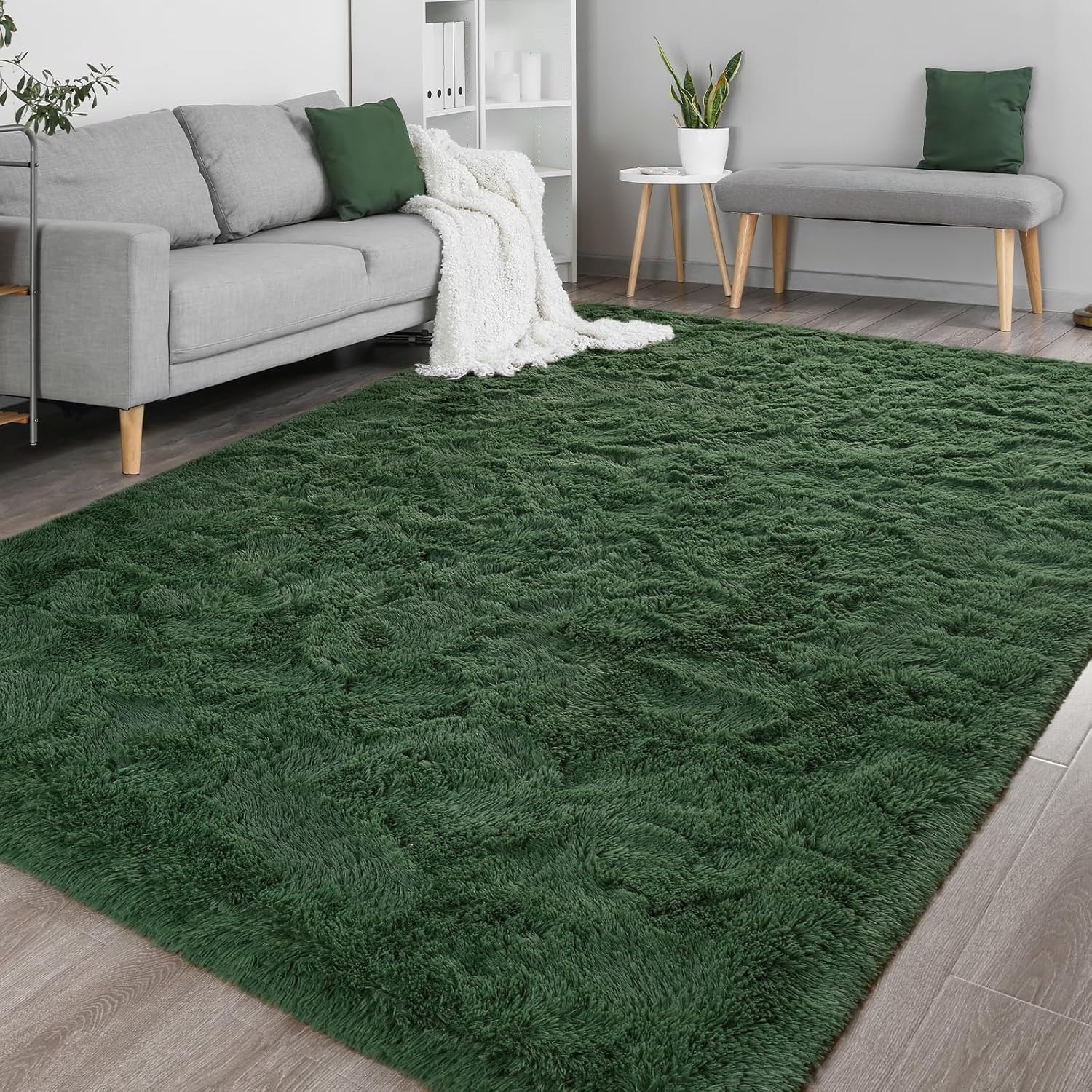 Soft Plush Dark Green Shag Rug 8×10 – Non-Slip, Machine Washable Carpet
