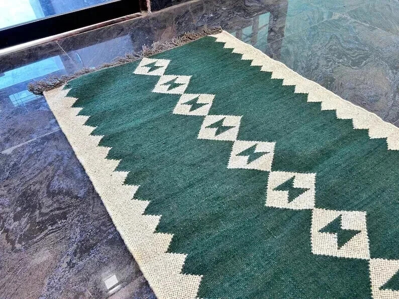 Green southwestern kilim rug Wool Jute Vintage Kilim Rug Moroccan Navajo rug