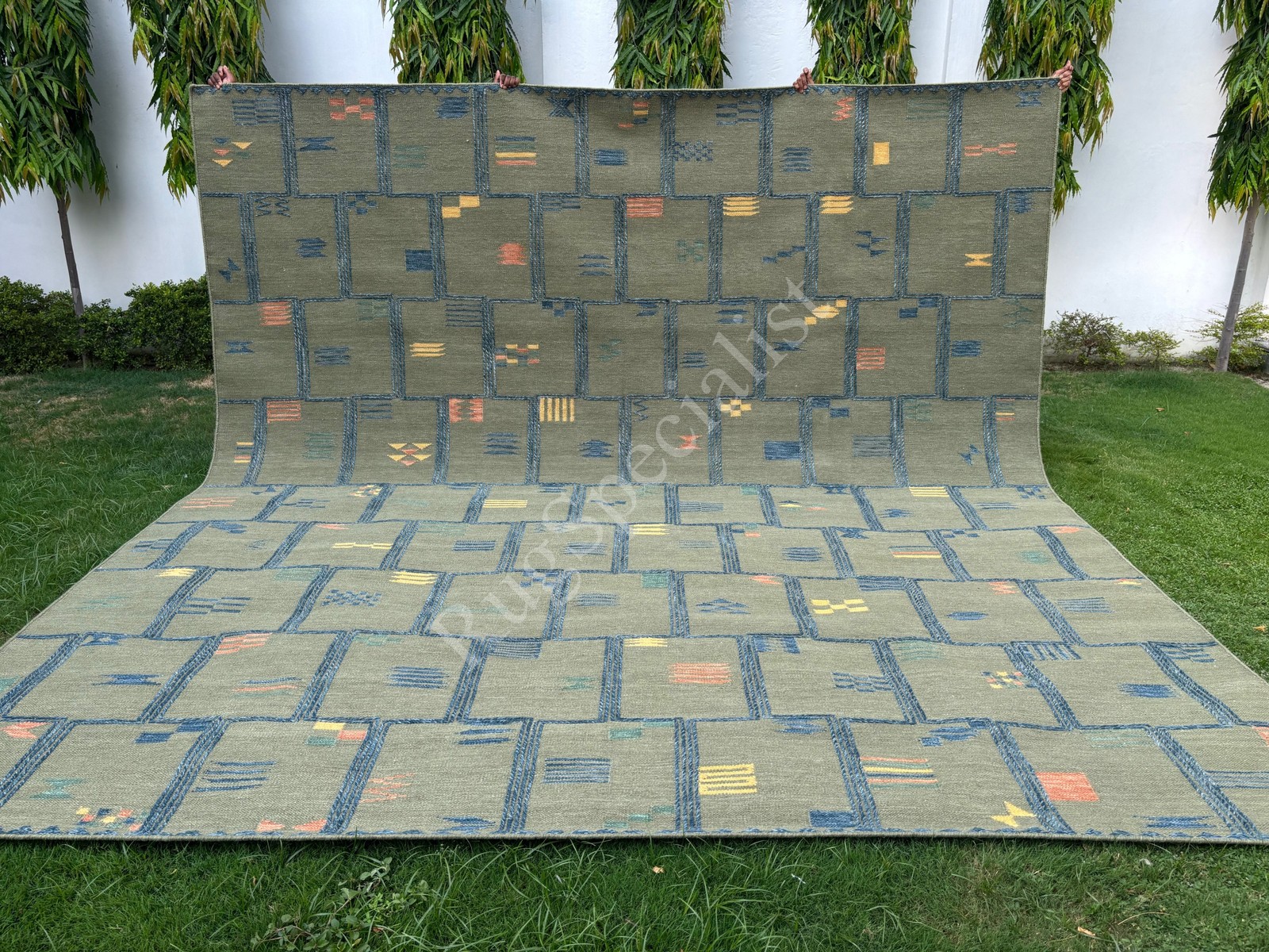 Hand-Woven 100% Wool Grid Pattern Kilim, Flat-Weave Modern Rug