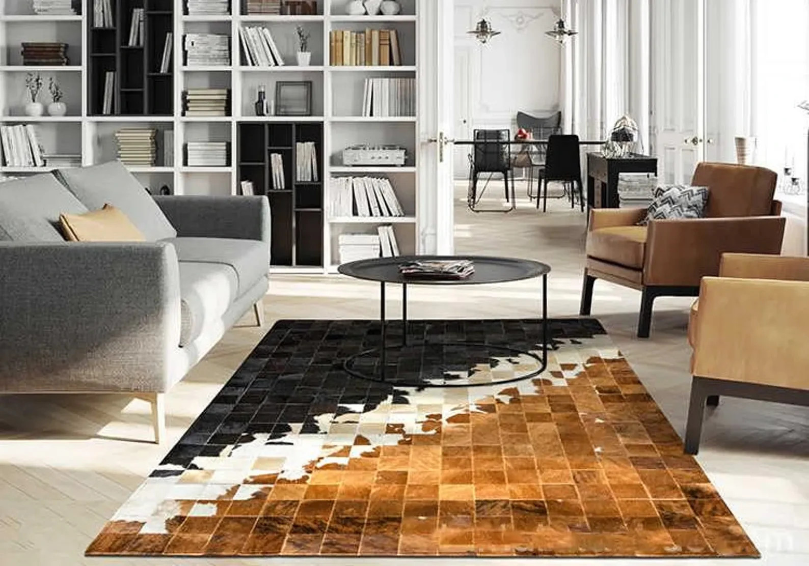 Modern Handmade Cowhide Patchwork Area Rug | Brown Black White Leather Carpet