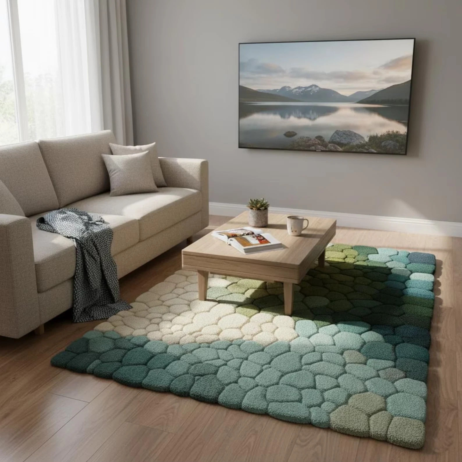 Modern 3D Pebble Rug Green Teal Gradient Stone Hand Tufted Wool Living Room Rug