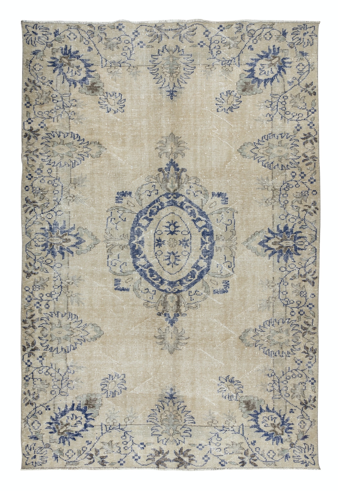 6.4×9.6 Ft Vintage Turkish Rug in Beige & Navy Blue, Sun Faded Handmade Carpet