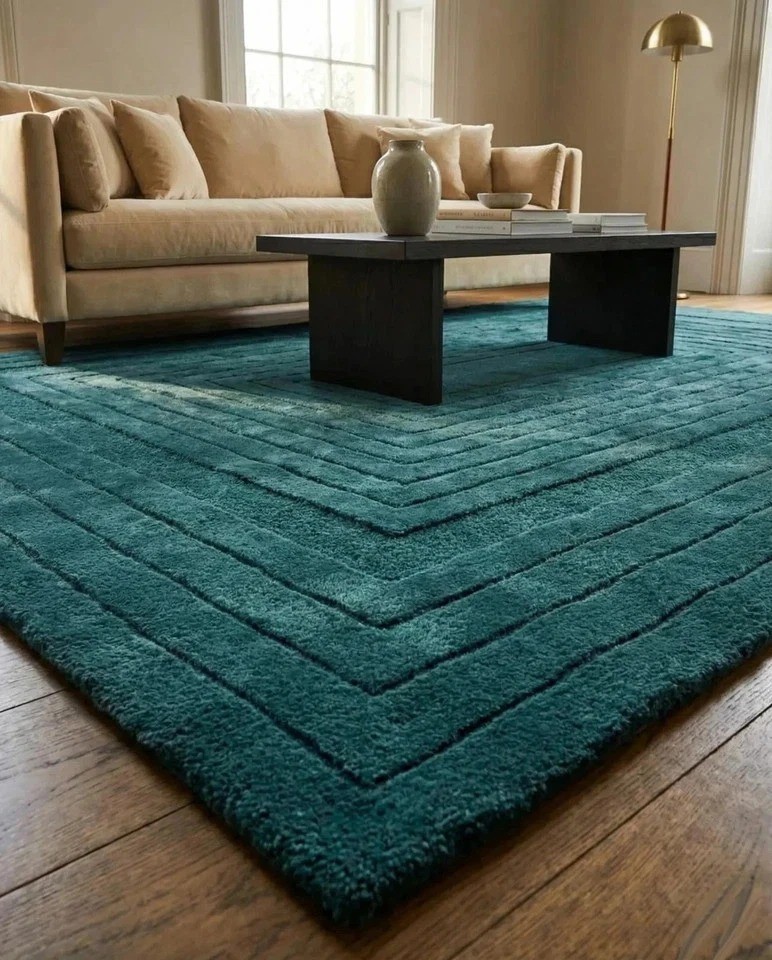 Nordic Style Hand Tufted Teal Blue Wool Rug Modern Geometric Plush Area Carpet