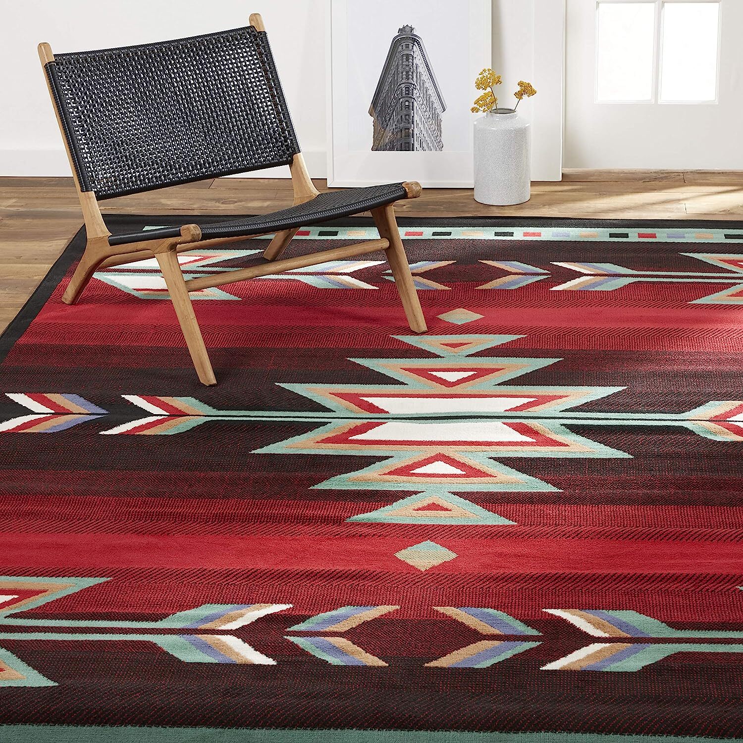 Area Rug 5 X 7 Ft. Southwestern Style Tribal Arrow Design Carpet Red Black Ivory