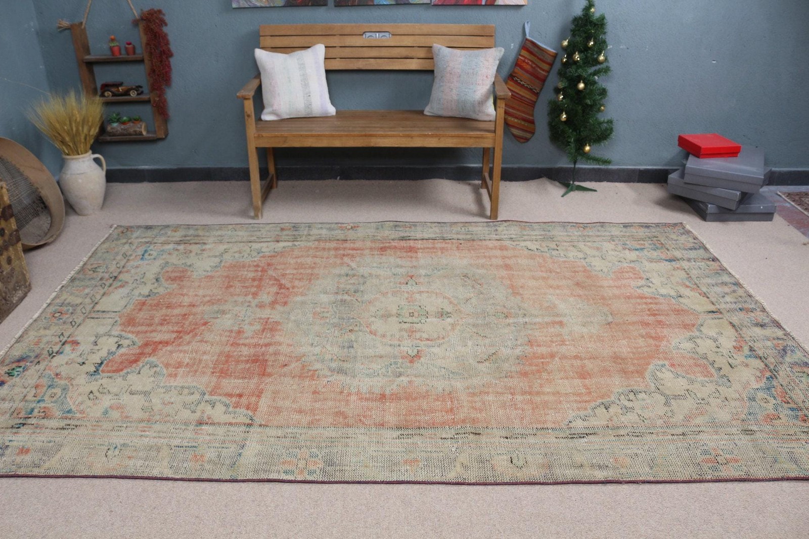 Turkish Vintage Rug, Large 5,8×9,5 ft (178×290 cm) Rug, Red Striped Wool Rug