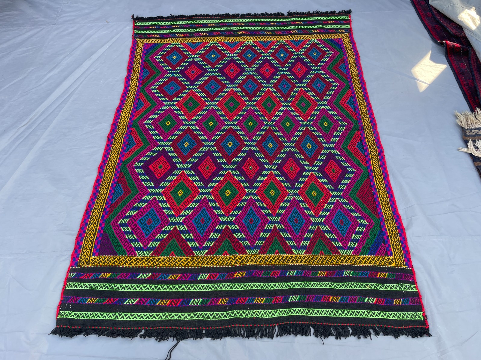 4×5 Bright Uzbek Soumak Rug Handwoven Tribal Geometric Flatweave Carpet.