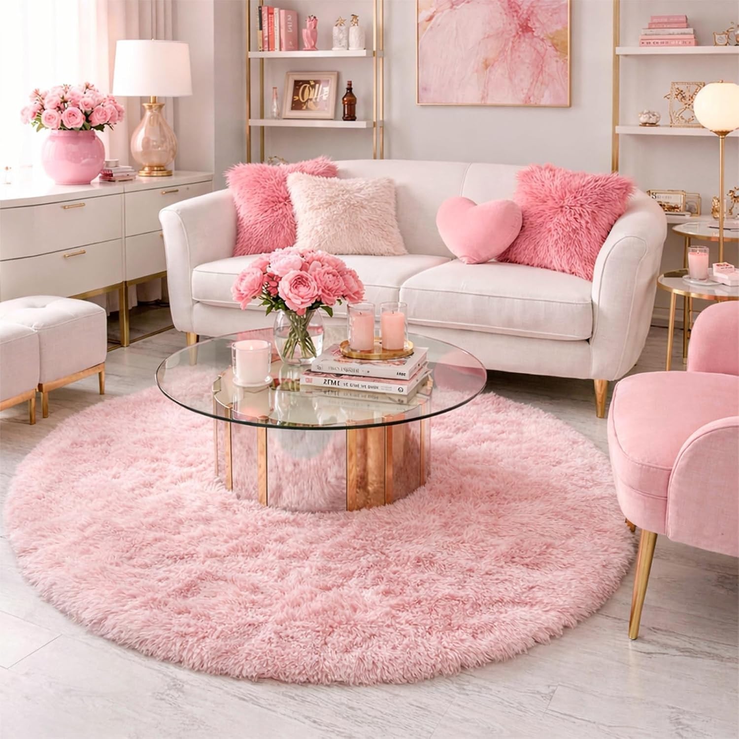 Light Pink Round Circle Rug 4Ft for Girls Bedroom, Fluffy Cute Area Rugs for …
