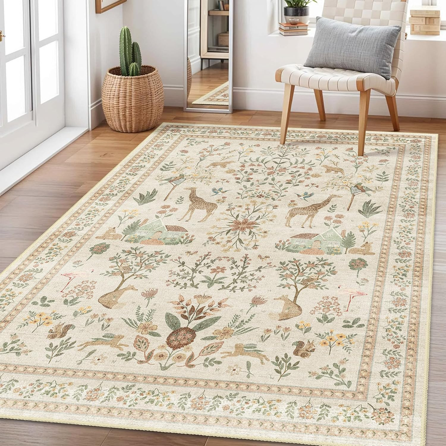 Beige Rug 3X5 Washable Boho Floral Botanical Animal Area Rug | Non-Slip Low Pile