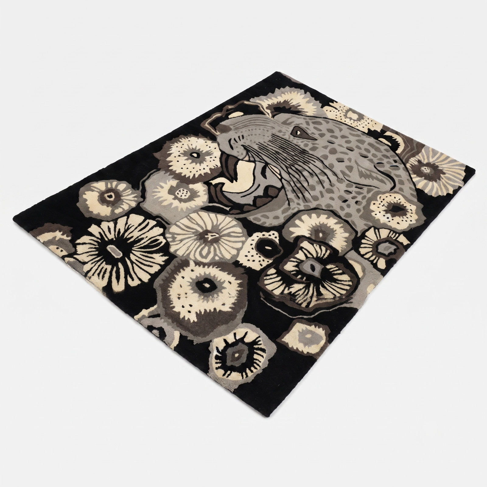 Hand-Tufted Wool Area Rug Black Gray Cream Floral Modern Abstract Large