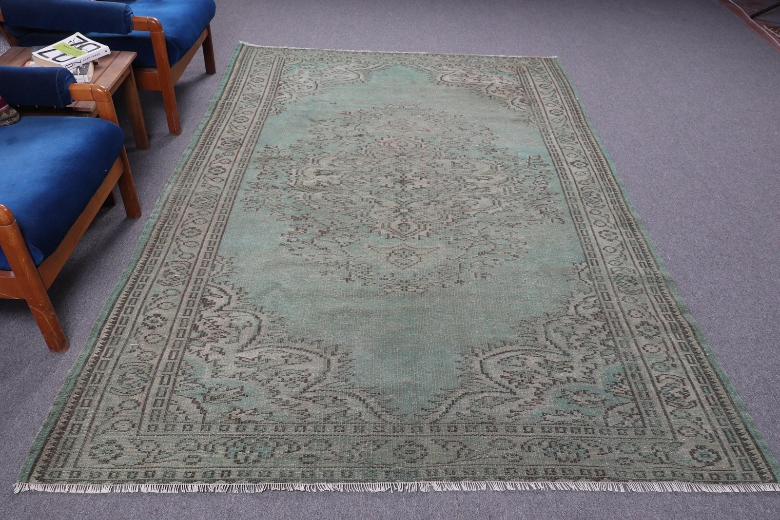 6×8,6 ft Vintage Turkish Rug, Large Rug, Green Ikat Rug