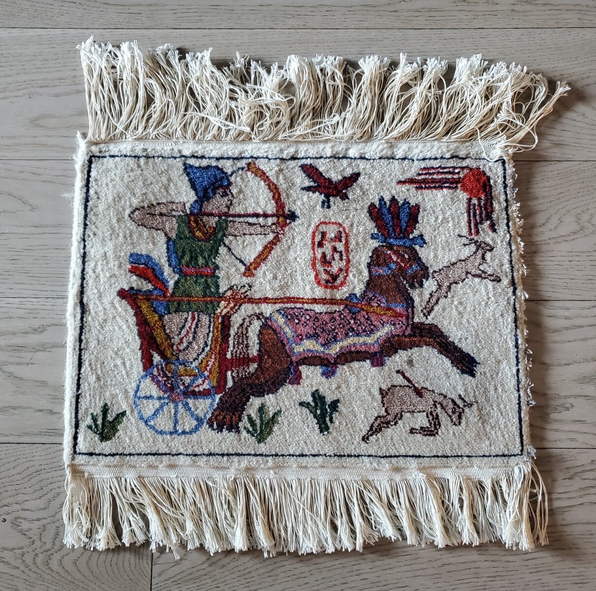Vintage Pictorial 14×19″ Handmade Tightly Woven Rug; Chariot Rider; Fringed Ends