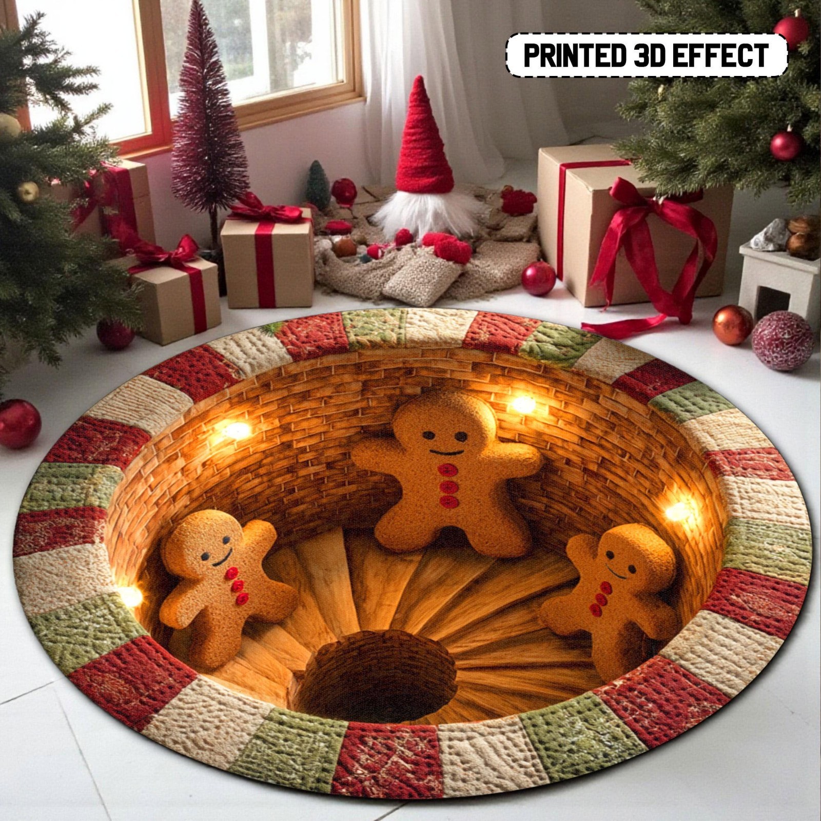 Gingerbread Christmas 3D Round Rug, Cute Holiday Optical Illusion Mat Decor Gift