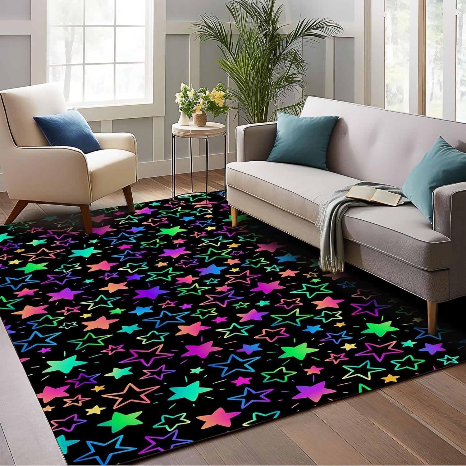 5×7 Neon Stars Area Rug Rainbow Glitter Washable Non Slip Bedroom Carpet