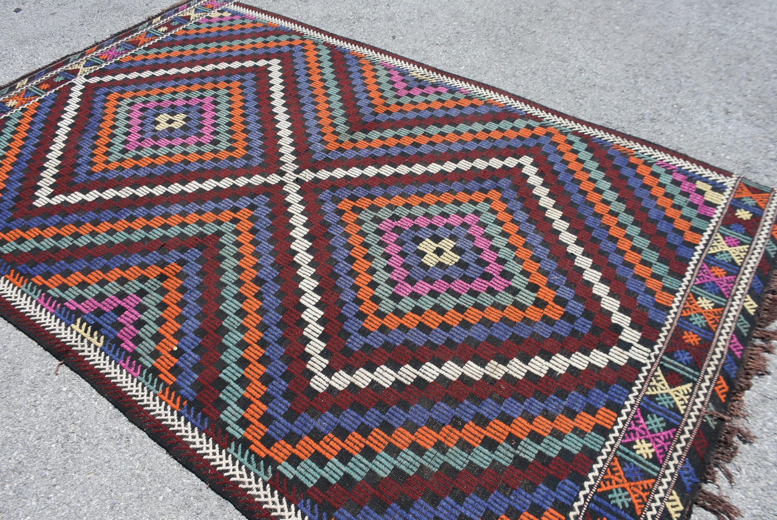 Vintage Turkish Rug, Large 6×9,5 ft (183×290 cm) Rug, Blue Striped Wool Rug