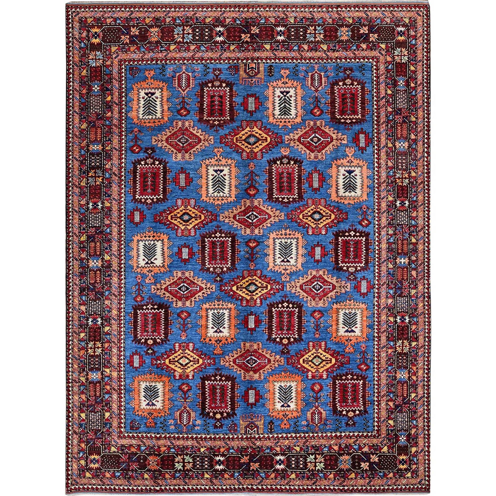 10’1″x13’4″ Blue Afghan Caucasian Design Revival Hand Knotted Soft Wool Rug R563