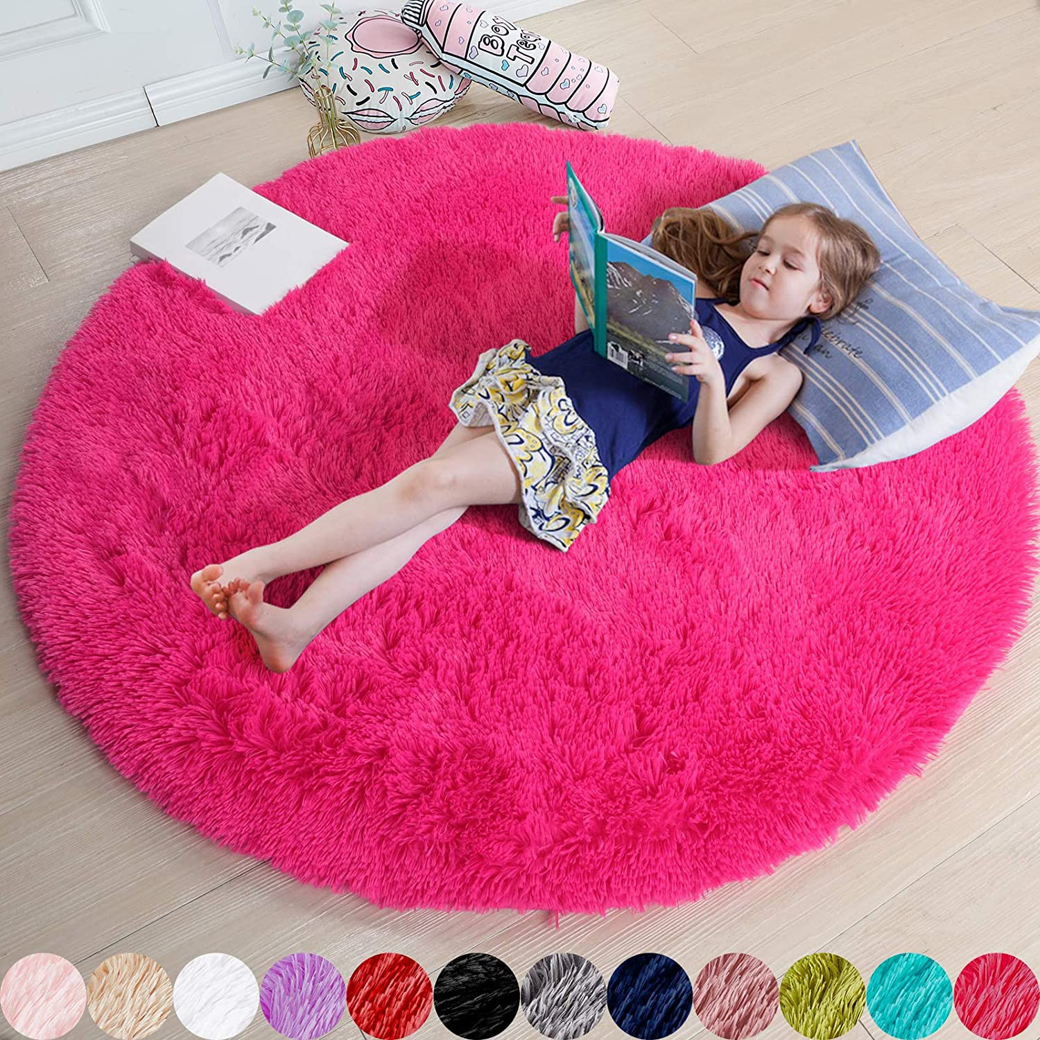 Hot Pink Fluffy round Rug 4Ft for Girls Bedroom Kids Room Nursery | Shaggy Plush