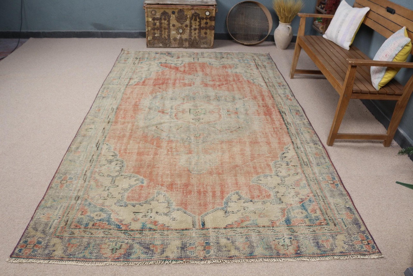 Turkish Vintage Rug, Large 5,8×9,5 ft (178×290 cm) Rug, Red Striped Wool Rug