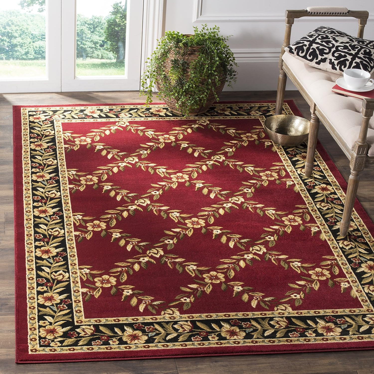 Lyndhurst 6’7″ x 9’6″ Area Rug – Red & Black Floral, Non-Shedding, Easy Care