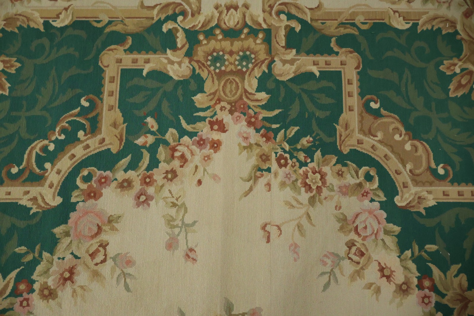 Green Needle-Point Area Rug 9×12 Elegant Victorian Aubusson Tapestry Chinese Rug