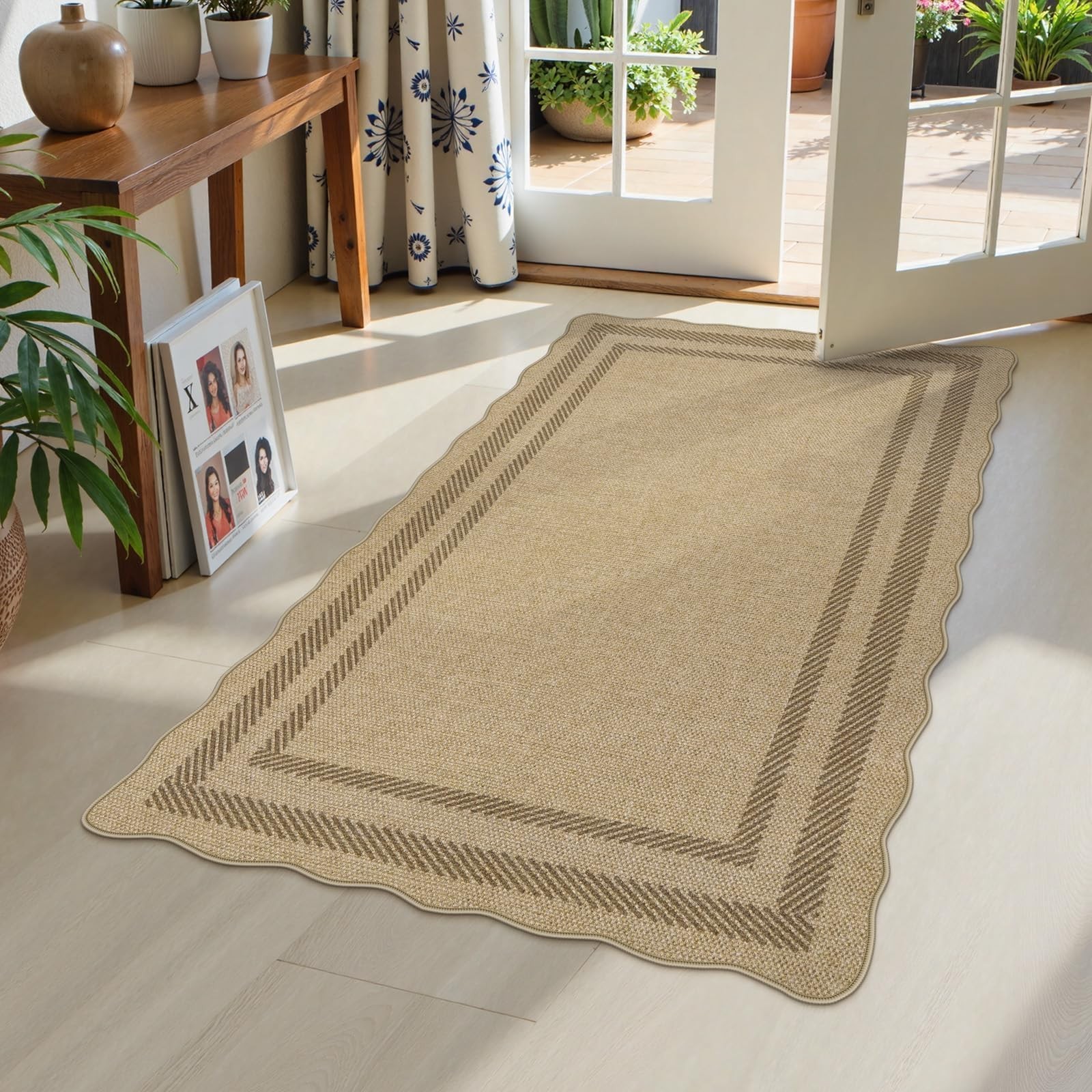Scalloped Easy Jute 3×5 Outdoor Rug, Washable Non-Slip Geometric Tan Rugs for…