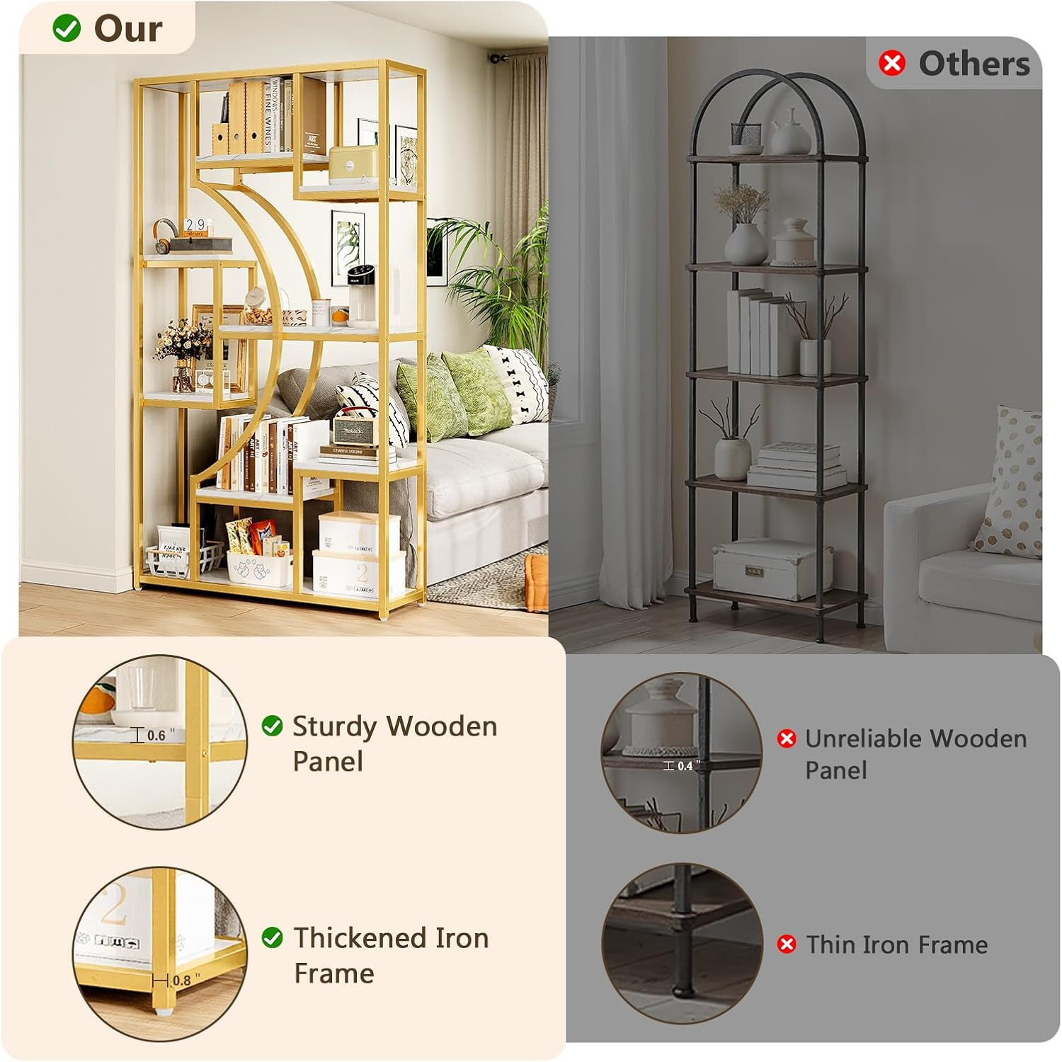 79″ W Luxury Marble-Patterned White Gold Bookshelf, Modern Geometric Half-Moon S